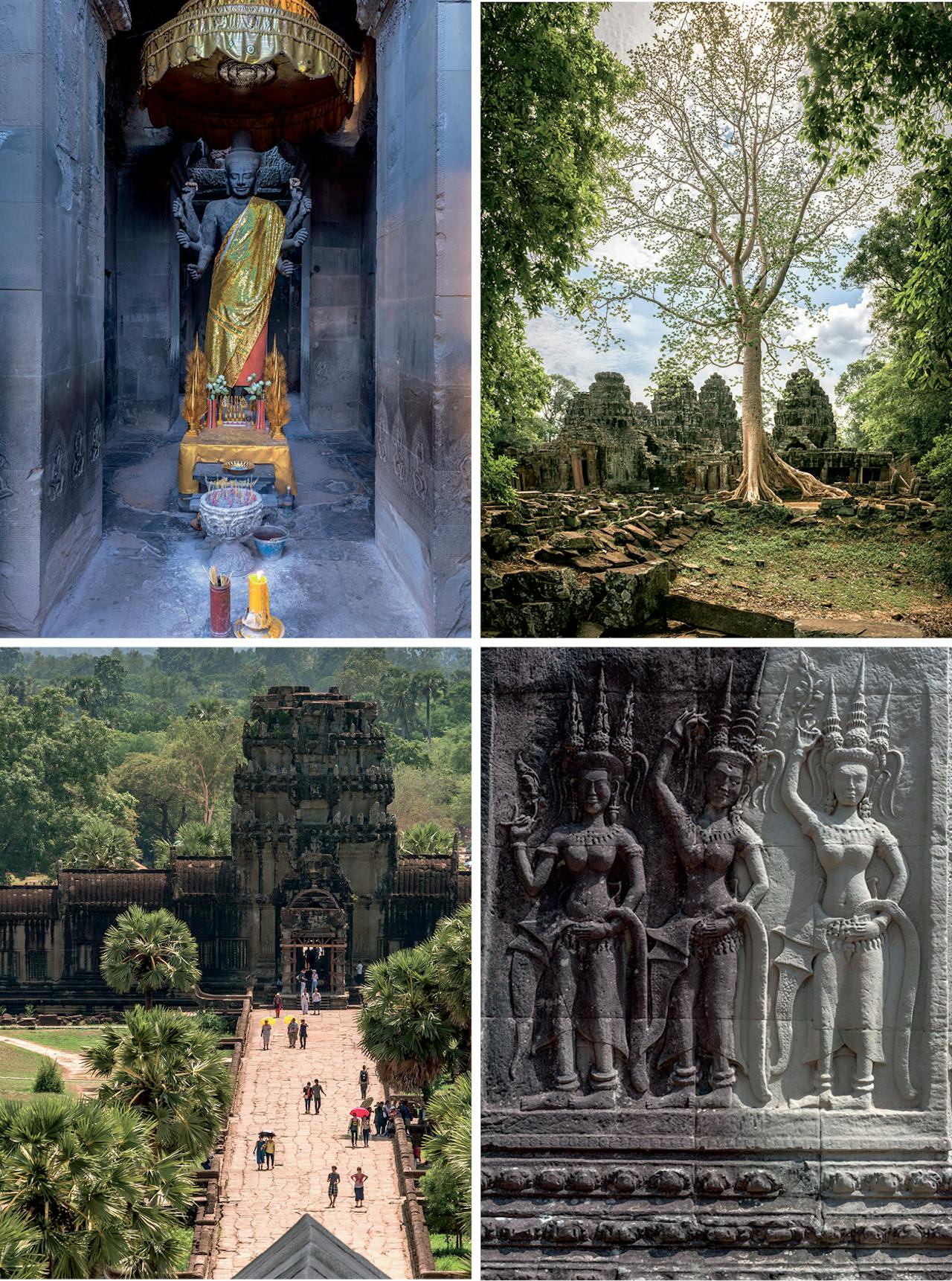 Beelden uit Angkor Wat, dat nog steeds in gebruik is als heiligdom. Rechtsonder: relief van apsara’s.