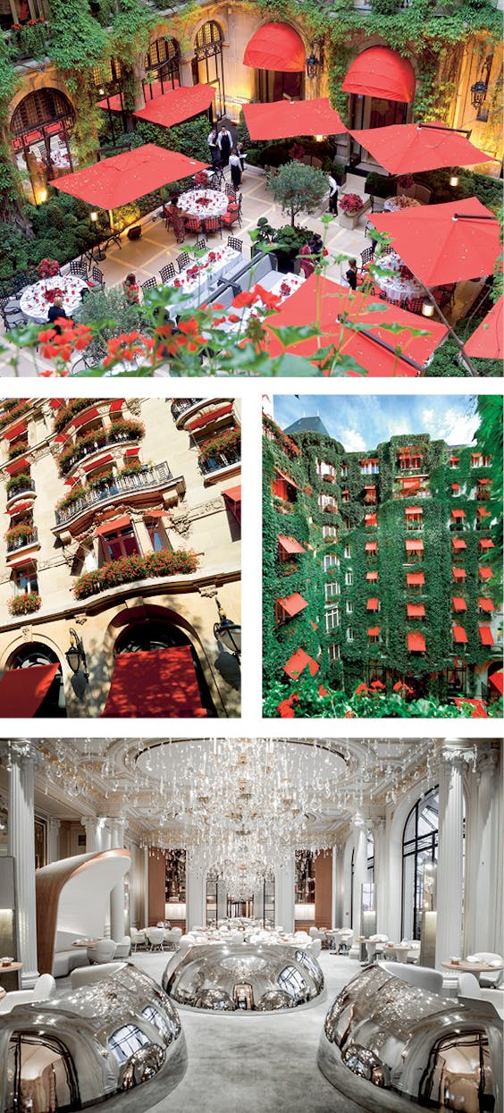 Boven: zicht op de binnentuin. Midden: het hotel is gevestigd in een Haussmann-pand met typerende ronde balkons. Onder: het visrestaurant van Alain Ducasse, naar een ontwerp van designbureau Jouin Manku.