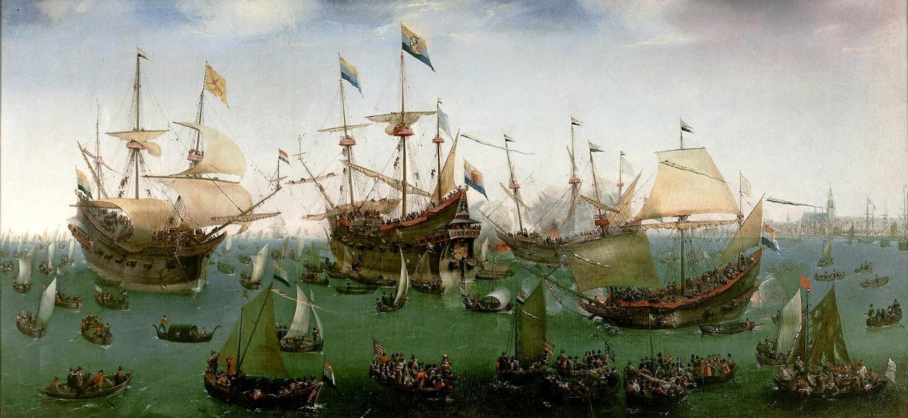 ‘De terugkomst in Amsterdam van de tweede expeditie naar Oost-Indië’ (1599) door Hendrik Cornelisz. Vroom. Deze tweede expeditie was een enorm succes, met winsten van boven de 100 procent en ‘slechts’ 85 van de 550 bemanningsleden verloren. Drie jaar later werd de VOC opgericht.