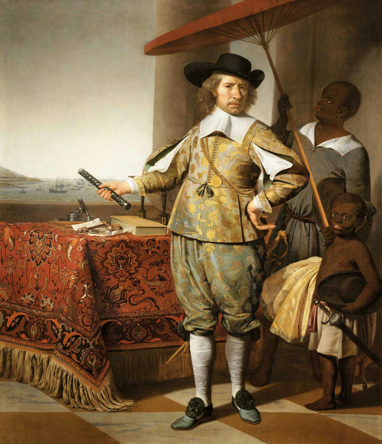 ‘Wollebrant Geleynssen de Jongh voor de retourvloot van 1648’ (1674) door Caesar van Everdingen, te zien tijdens de expo. De schilder heeft hem jonger afgebeeld, alsof het 1648 is en Geleynssen net terug is uit de Oost. Het Perzische tapijt heeft Geleynssen wellicht zelf meegenomen. De zwarte bedienden rechts zijn een vreemde toevoeging.