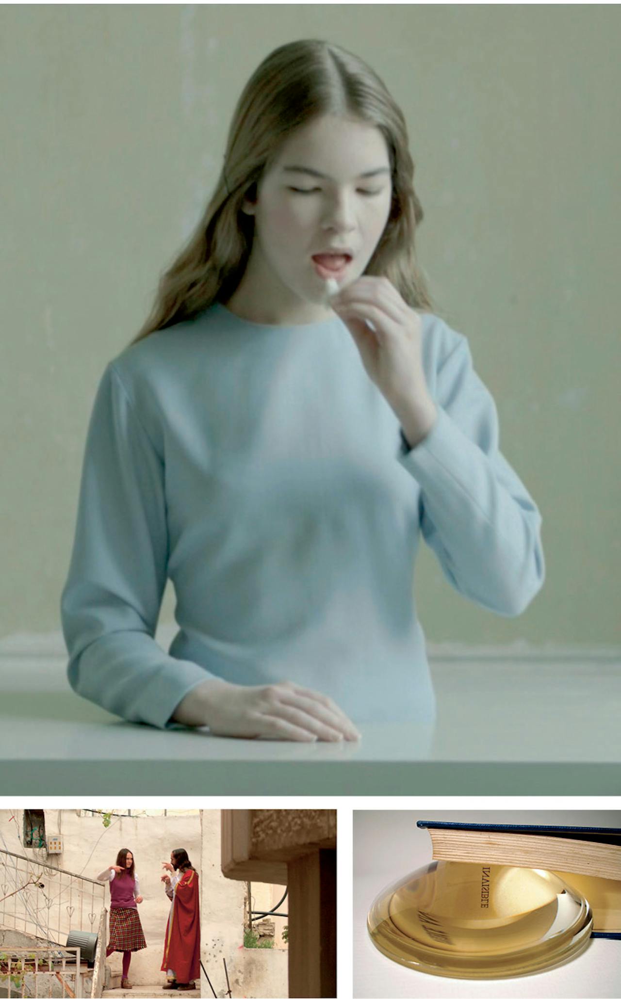 Boven: Michael Borremans: ‘The Bread’ (2012). Linksonder: Katarzyna Kozyra: still uit ‘Looking for Jezus’ (2014). Rechtsonder: ‘The Problem of God’ van Pavel Büchler (2007).