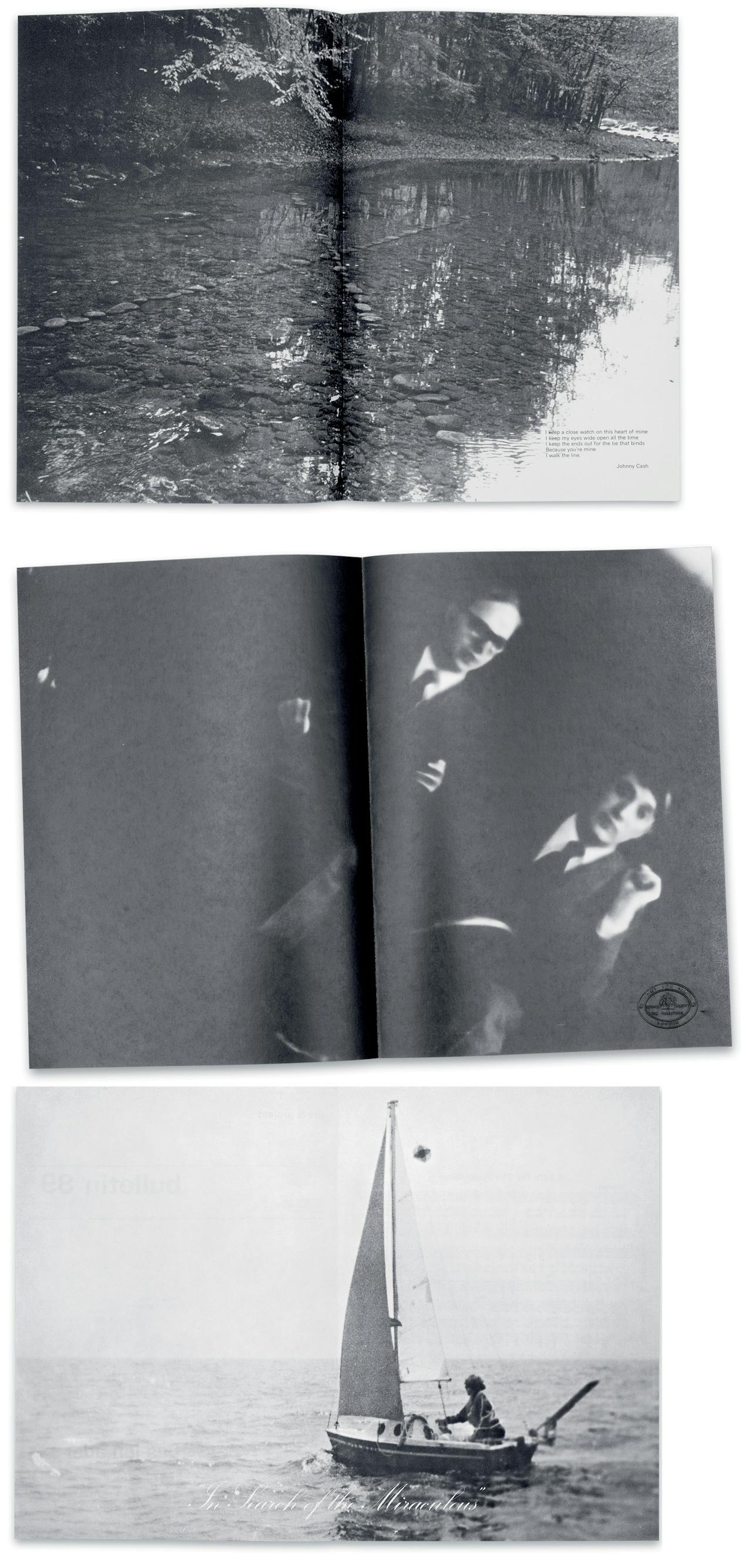 Boven: Bulletin 35 van Richard Long. In de foto staat een couplet uit de song ‘I walk the line’ van Johnny Cash; Midden: Gilbert & George maakten een aantal bulletins, onder meer in 1974; Onder: Bas Jan Ader zette op zijn editie uit 1975 een foto van zichzelf in een zeilboot met daarbij de tekst ‘In search of the miraculous’.