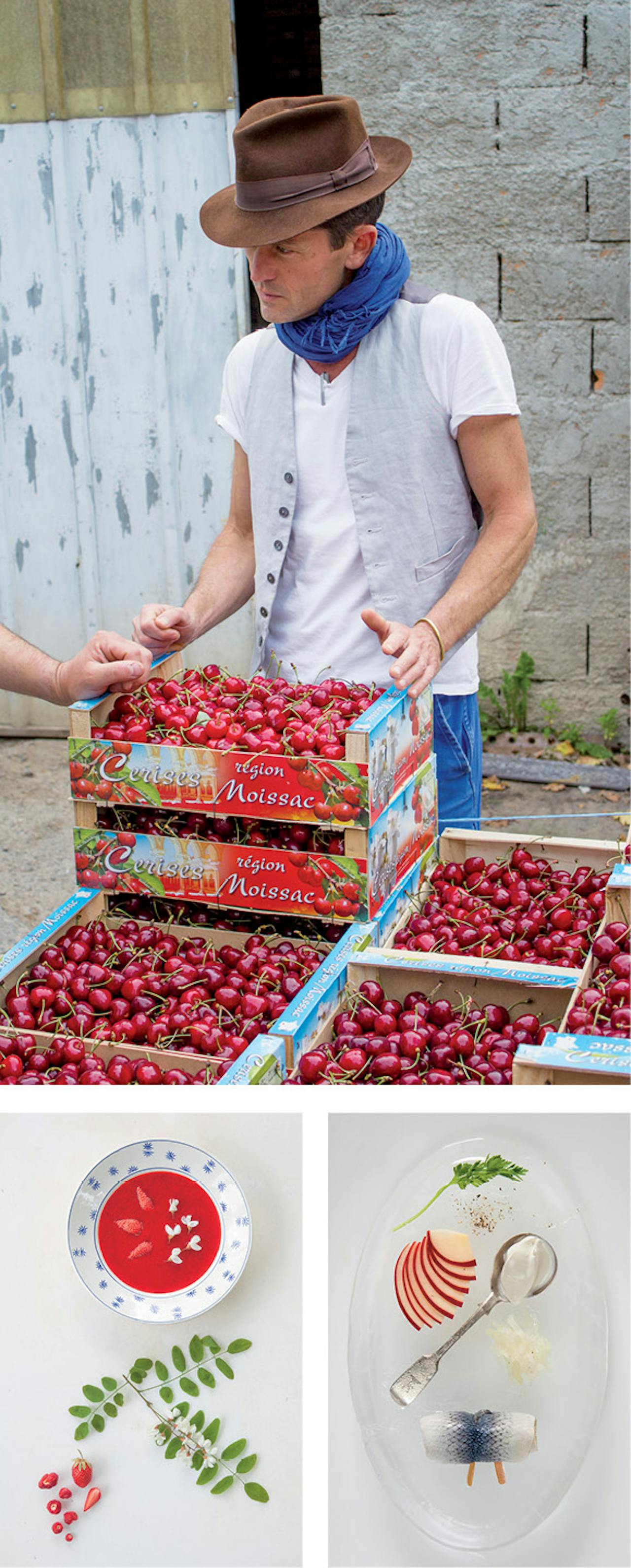 Boven: controle van het fruit. Onder: bouillon van aardbeien (l.) en haring, uit het nieuwe boek ‘Nature’s Larder’.