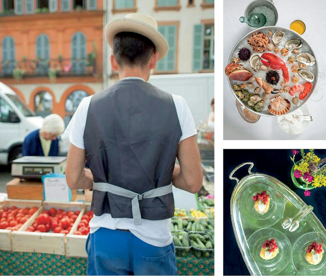 Rechts: producten uitzoeken op de markt. Uiterst rechts en onder: plateau met fruits de mer en appelcompote, uit het boek ‘Nature’s Larder’.