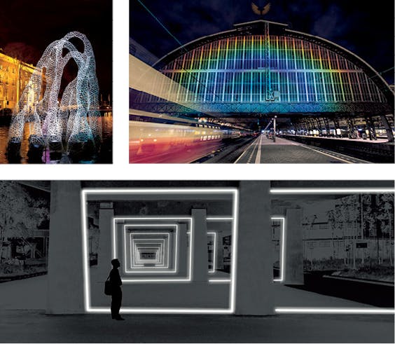 Boven: Drijvend kunstwerk ‘Arborescence’. Rechts: ‘Rainbow Station’, Daan Roosegaarde. Onder: Een impressie van hoe ‘Velocity’ in Eindhoven er straks uit zal komen te zien.