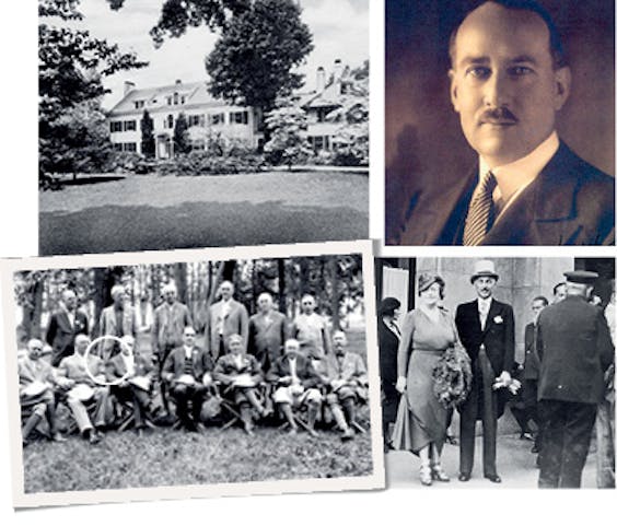 Boven: Birchwood Estate op Long Island, NY, eigendom van Allenes derde echtgenoot, Anson Wood Burchard, topman van General Electric (omcirkeld) en Allene’s grote liefde. Rechts prins Heinrich XXXIII Reuss von Köstritz, Allenes vierde echtgenoot en echtgenoot nummer vijf (onder) in 1938 voor het George V-hotel in Parijs.