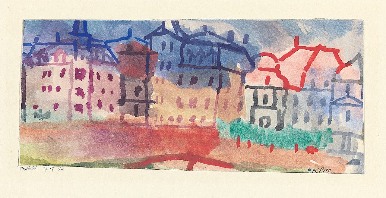 Boven: Kandinsky schildert in 1908 de huizen van Murnau. Klee (zie ‘Vorstadt’ uit 1913, rechts) blijft nog lang een tekenaar.
