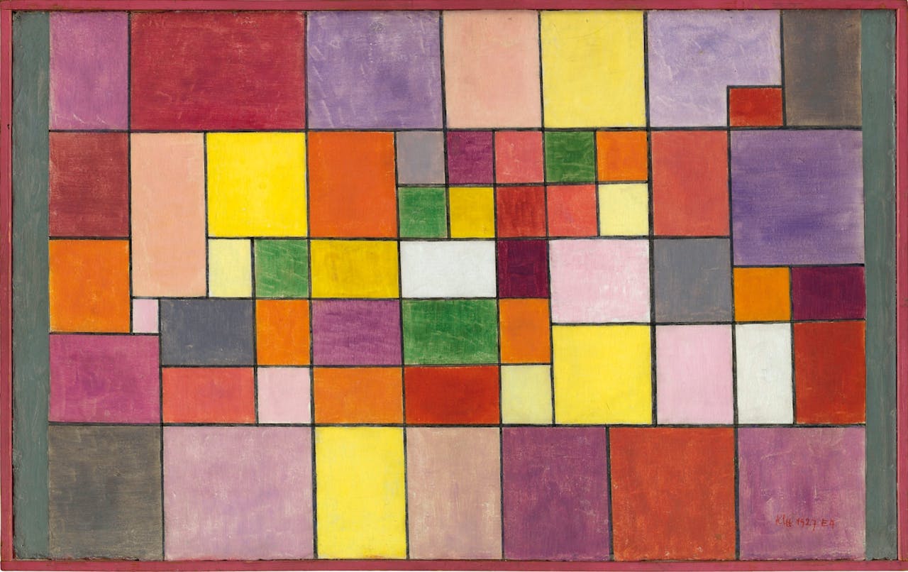 Klee: ‘Harmonie der nördlichen Flora’ (1927). Een tijdlang waren veel Bauhaus-kunstenaars met vierkanten bezig, onder invloed van Mondriaan en De Stijl. Criticus Paul Westheim verzuchtte: ‘Na drie dagen in Weimar hoop je nooit van je leven meer een vierkant te zien.’