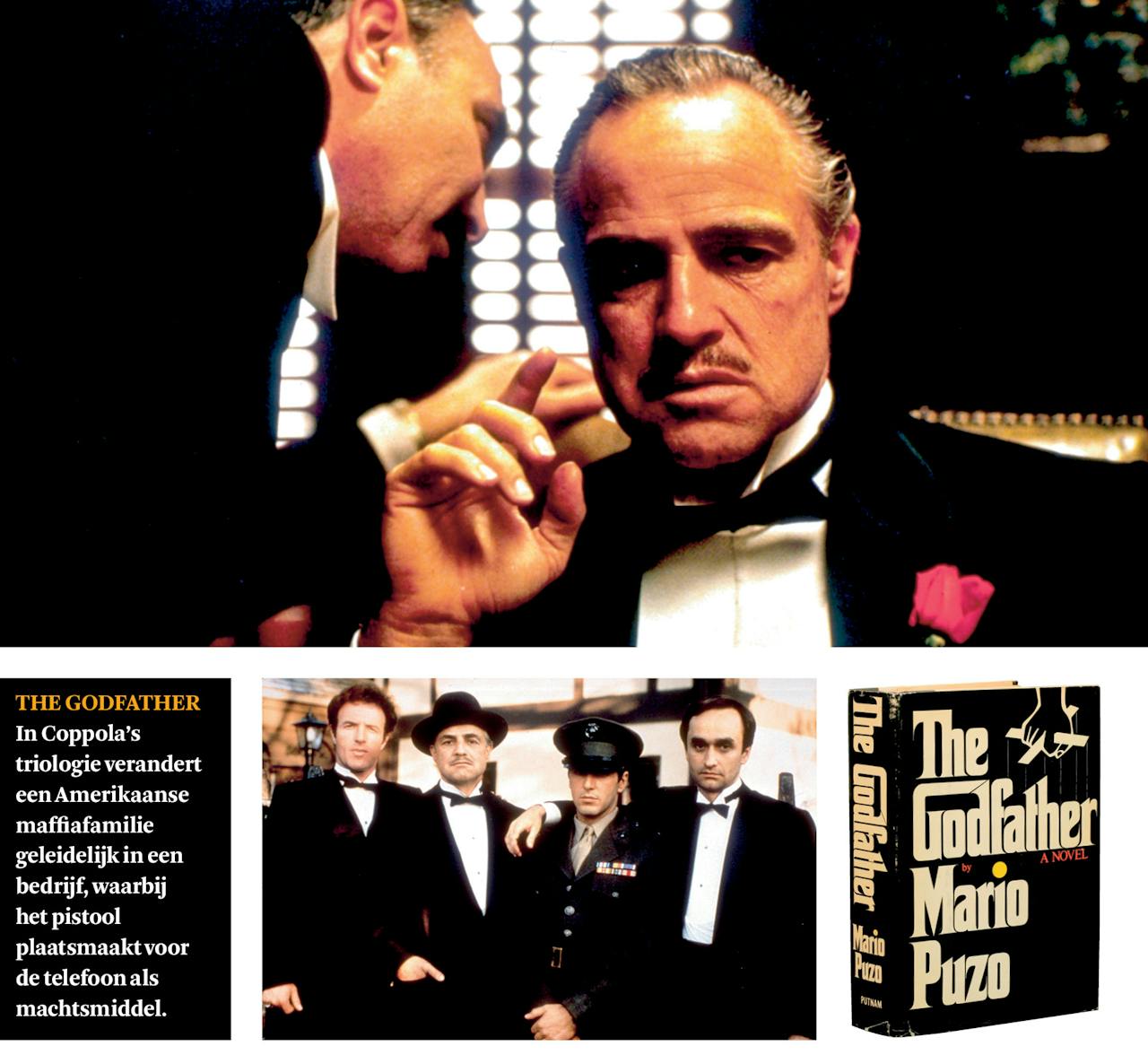 Marlon Brando als peetvader Don Vito Corleone, samen met zijn zoons Sonny, Michael en Fredo (onder).