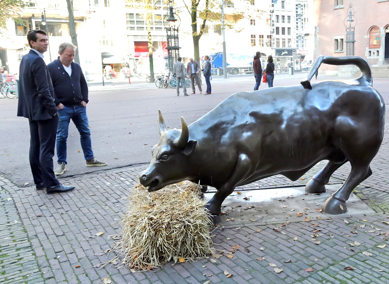 De bronzen stier voor Beursplein 5 heeft eind oktober van onbekenden een baal hooi gekregen. (HH)