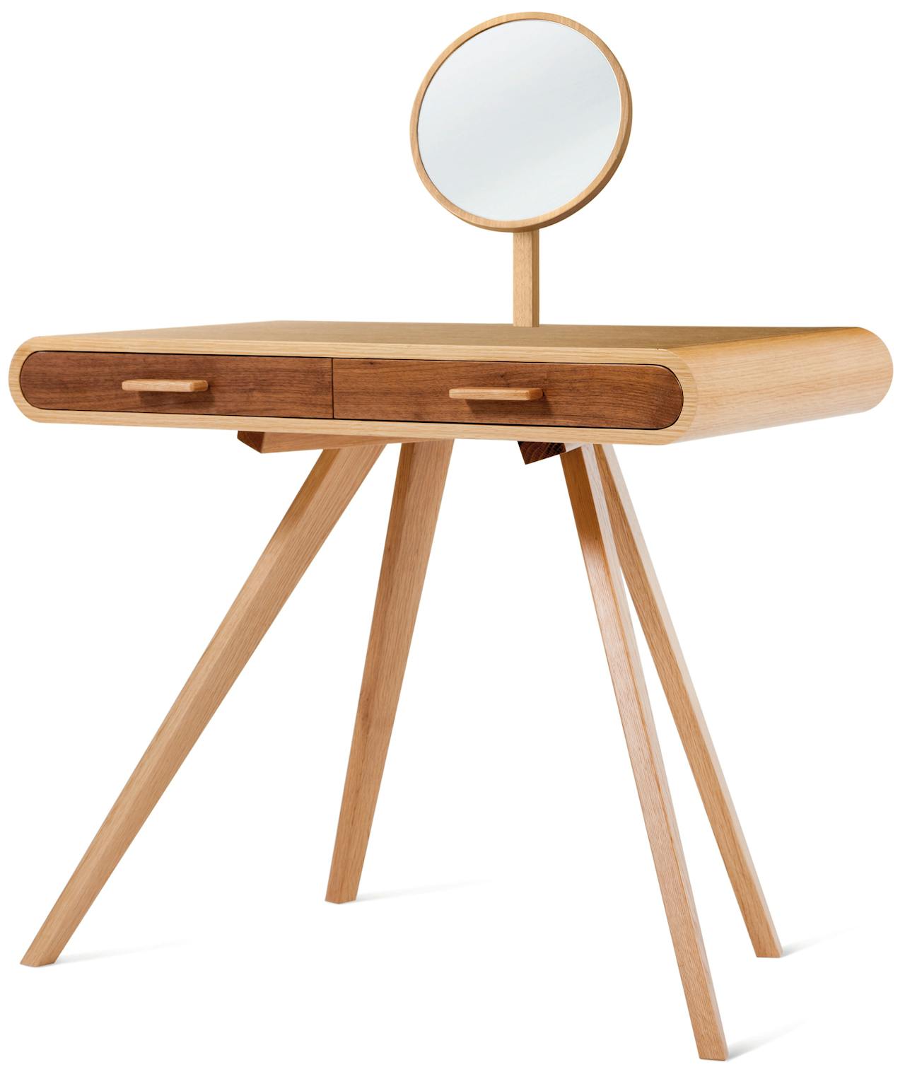 De Britse ontwerper Steuart Padwick maakte meerdere uitvoeringen van zijn toilettafel, deze is met walnoot en eiken.