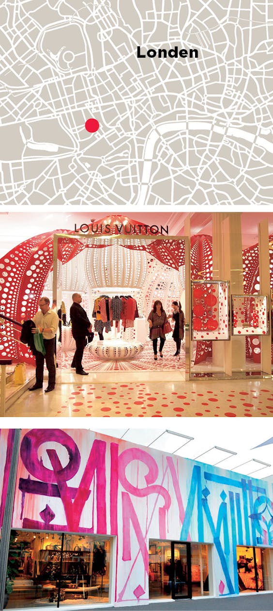 Boven: een kunstwerk van Gilbert & George siert de mannenafdeling in de Louis Vuitton-winkel in New Bond Street, Londen; midden: louis Vuitton werkte in 2012 samen met Yayoi Kusama. In datzelfde jaar mocht Marquis Lewis de winkel in Miami ‘bekladden’ met grafitti.