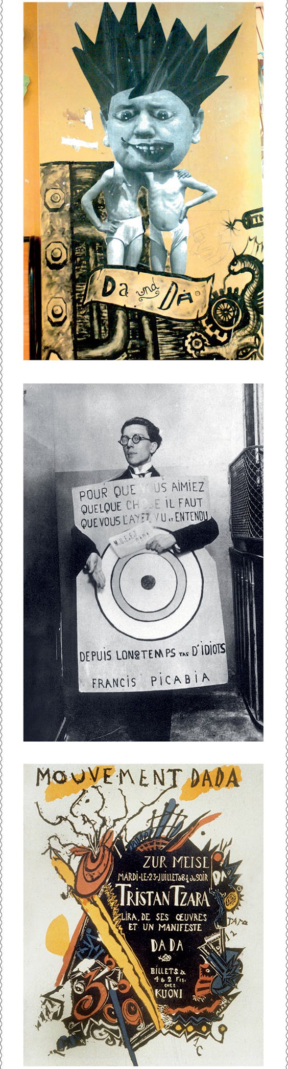 Boven: muurschildering in Zürich bij Café Voltaire. Midden: André Breton op het Festival Dada in 1920 in Parijs. Onder: poster (ontwerp Marcel Janco) voor een dada-avond in Zürich in 1918.