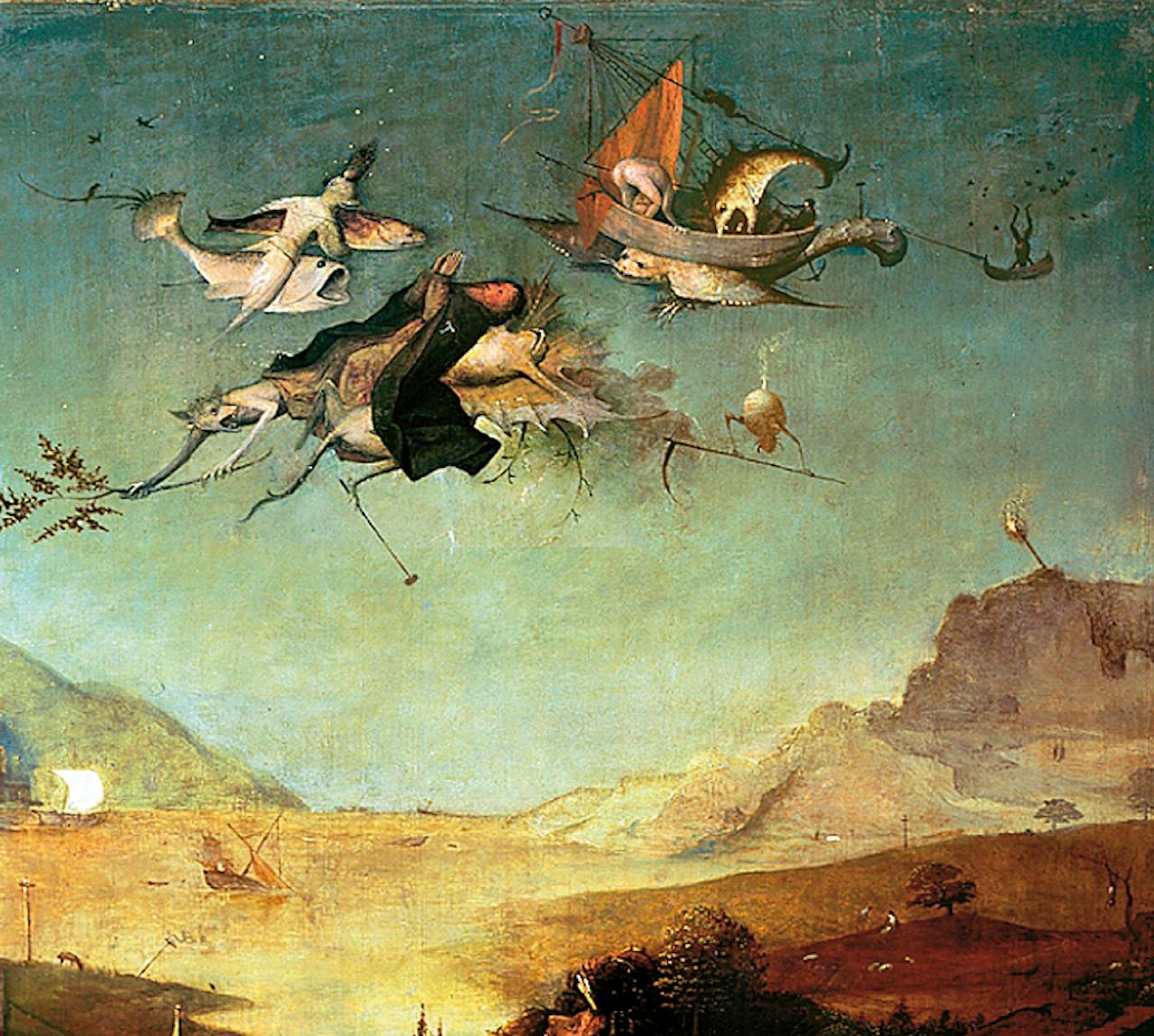 Een kikker voert een heilige door de lucht op ‘De verzoeking van de heilige Antonius’ (na 1501).
