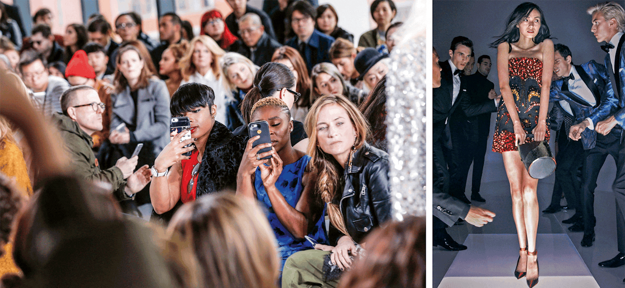 Rechts het publiek bij de najaarsshow van Michael Kors. Deze werd live gestreamd en sommige stukken werden ook direct te koop aangeboden. Tom Ford (links) koos een andere aanpak: hij showde zijn collectie in een video van 3 minuten die alleen op sociale media te zien was.