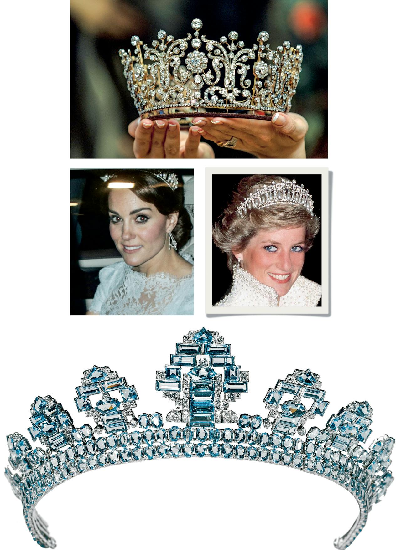 Helemaal boven: de Poltimore Tiara van Margaret, linksboven en rechts: Kate droeg de Lover’s Knot Tiara afgelopen december. Onder: een tiara uit 1937, gemaakt in opdracht van King George VI.