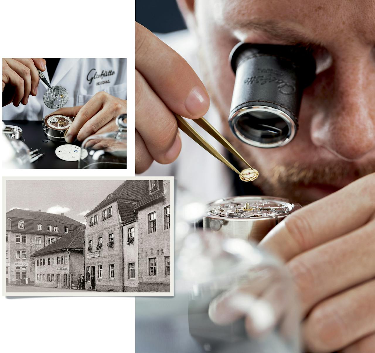 Hierboven: het oude pand van A. Lange & Söhne. Uiterst boven en rechts: een uurwerk maken is precisiewerk.