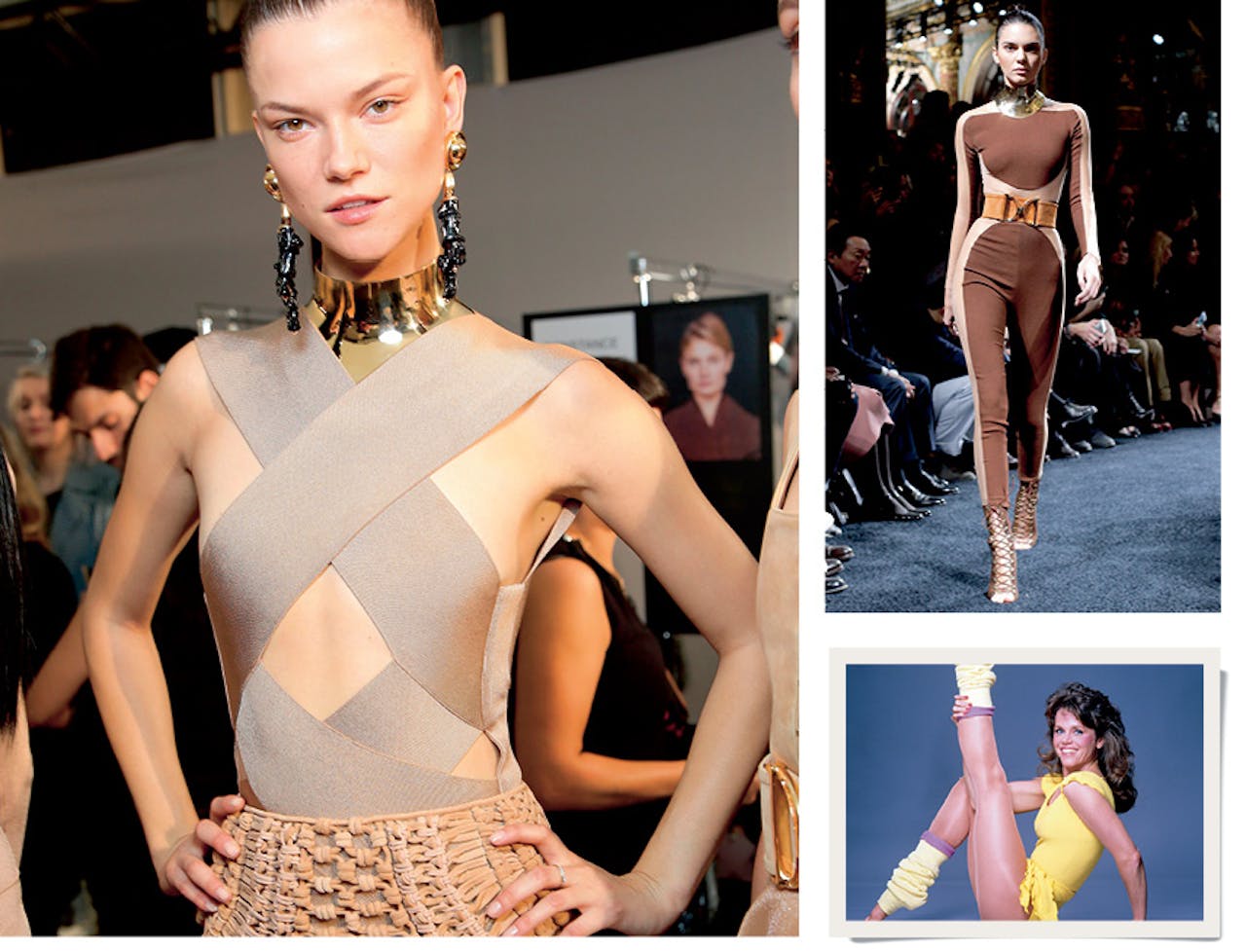 Ontwerper Olivier Rousteing van Balmain gebruikt lycra in zijn zomercollectie van dit jaar. Rechtsonder: Jane Fonda in 1985.