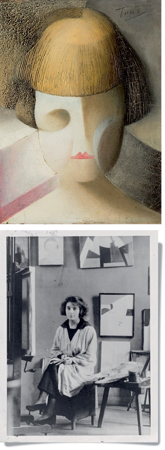 Boven: ‘Abstracte compositie 6’, 1920; Midden: Kinderhoofd, 1918-19; Onder: Donas tussen eigen werk in haar atelier, Rue du Départ 26, Parijs, 1920.