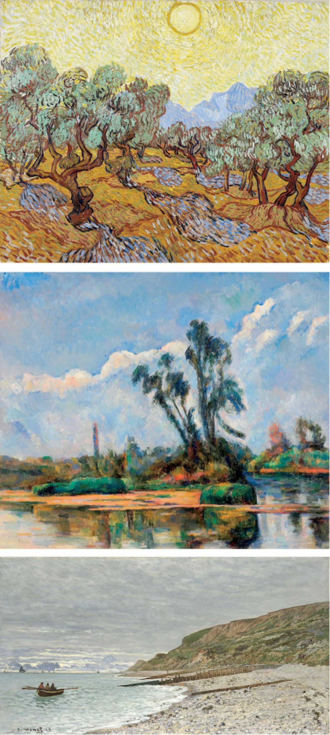 Boven: Vincent van Gogh Olijfbomen,1889; Midden: Paul
Cézanne Rivierlandschap, ca. 1881; Onder: Claude Monet La Pointe de
la Hève, Sainte-Adresse, 1864.