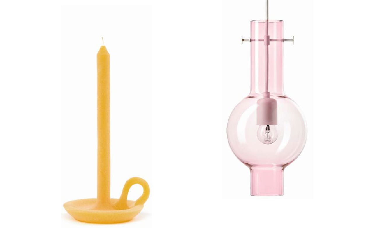 De Tallow, een kaars in de vorm van een kaars met kandelaar (links) en de Novecento: een lamp in de vorm van een olielamp.
