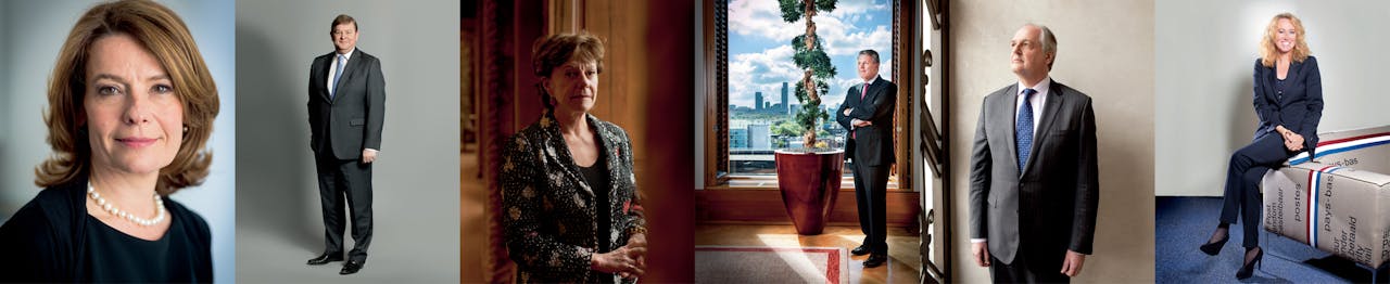 Van links naar rechts: Merel van Vroonhoven, AFM. Paul Polman, Unilever. Neelie Kroes, special envoy StartupDelta. Ben van Beurden, ceo Shell. Herna Verhagen, PostNL. Feike Sijbesma, DSM.