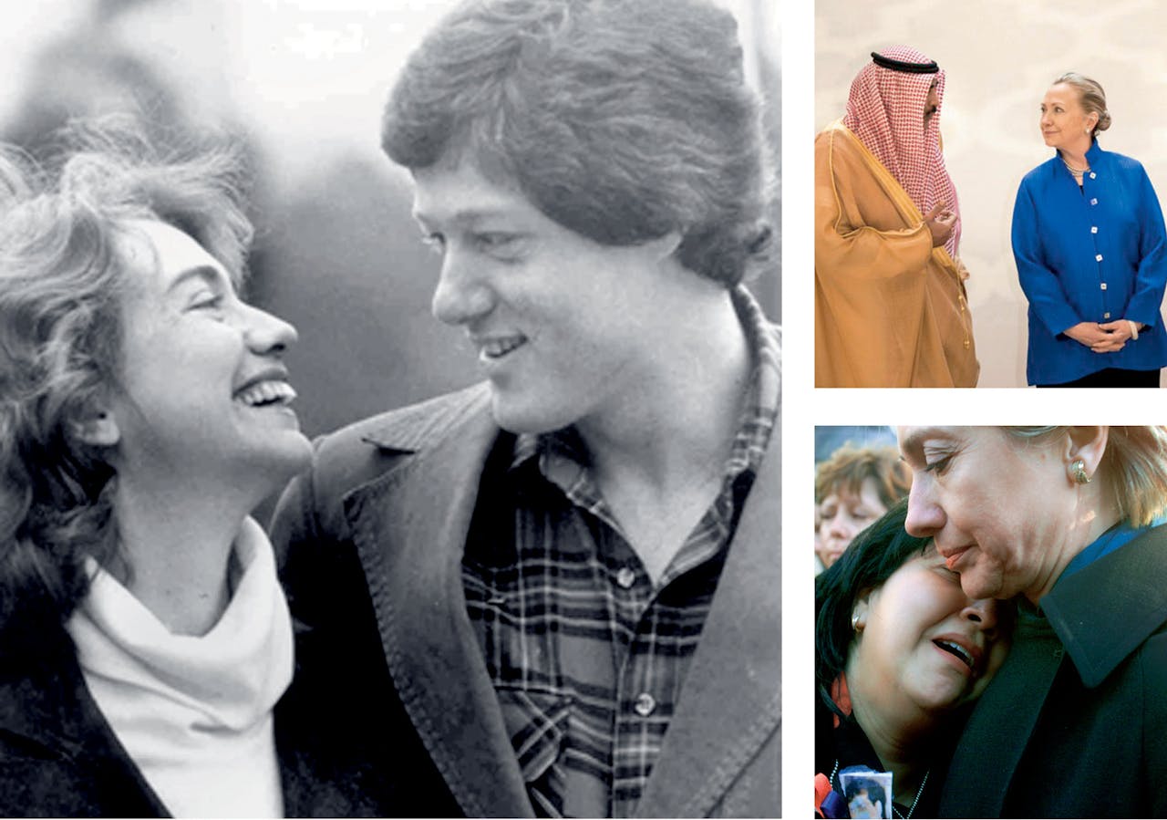 Links: Hillary Rodham en Bill Clinton tijdens hun studententijd. Jaartal onbekend. Rechtsboven: Clinton met haar Saoedische collega van buitenlandse zaken prins Saud al-Faisal. Daaronder: Troostend als senator op Ground Zero in 2001.