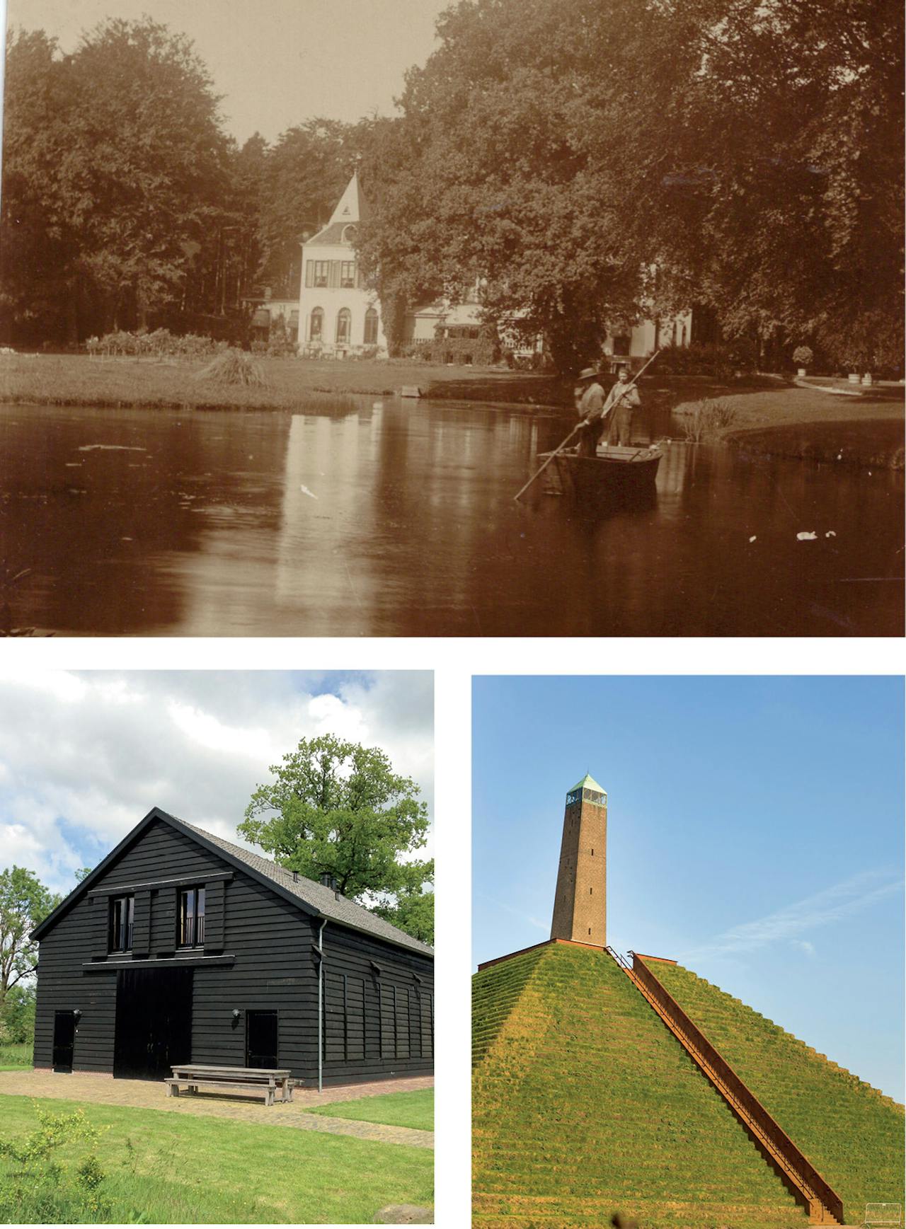 Boven: een oude foto met op de achtergrond Huis Den Treek. Linksonder: de Hopschuur. Onder: de Pyramide van Austerlitz. De obelisk werd in 1804 in 27 dagen gebouwd.