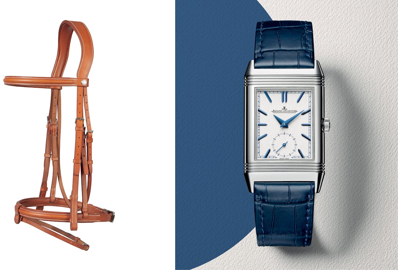 Links: Dressuurhoofdstel in teugelleer met grote neusriem en borduursel in zadelsteek, € 990. Rechts:Om het 85-jarige jubileum van de Reverso te vieren werd een nieuw mannenmodel ontwikkeld: de Tribute Duo Face, € 11.500.