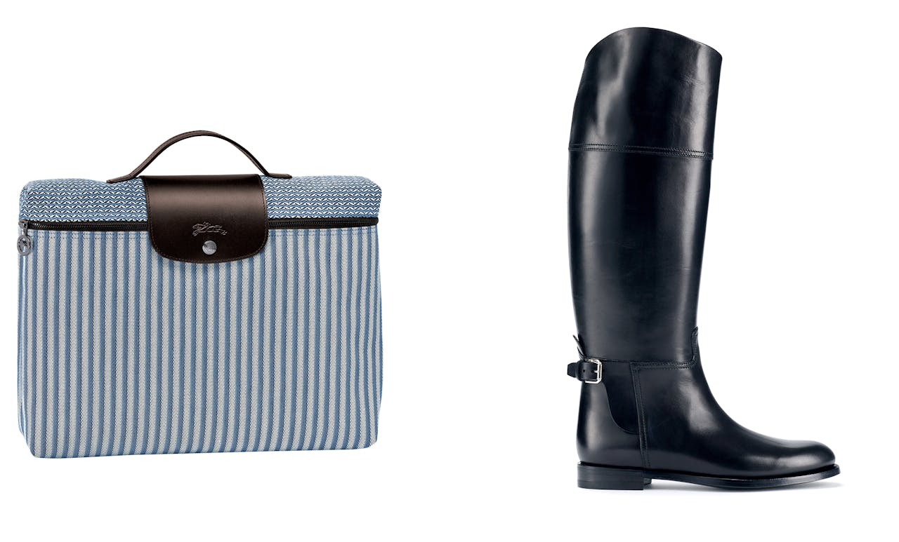 Links: De gestreepte aktetas Yacht Club is gemaakt van lichte en stevige katoenen en leren details, € 97. Rechts: Kniehoge kalfsleren rijlaarzen uit de hoofdlijn Ralph Lauren Collection, € 975.