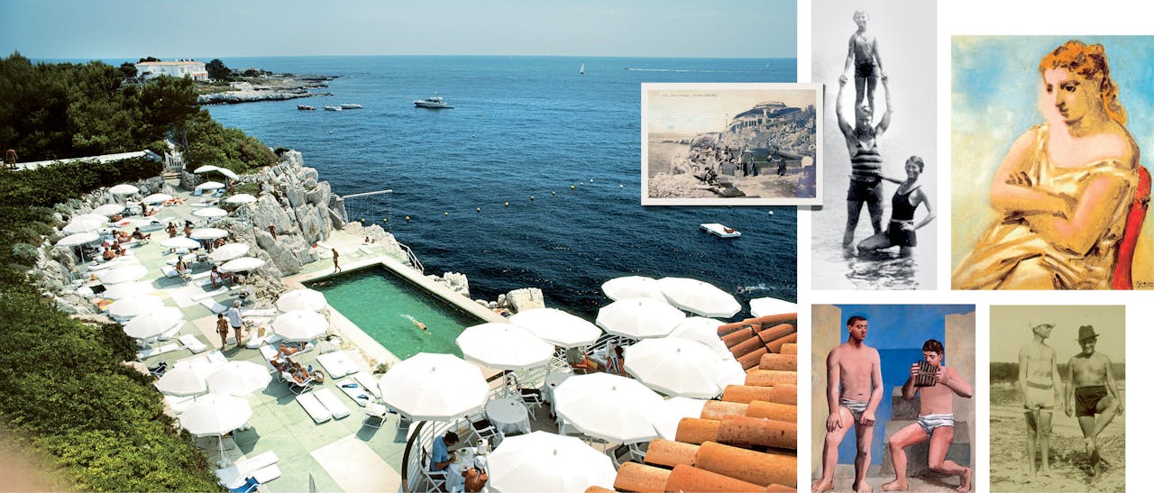 Links: Het Hôtel du Cap-Eden-Roc in Cap d’Antibes bleef met een minimale bezetting speciaal voor de Murphy’s open in de zomer. Rechts: Naast Stravinsky, Hemingway en de Fitzgeralds (linksboven met dochter) was ook Picasso (hierboven met Gerald aan het strand) close met de Murphy’s, vooral met Sara, die hij verschillende malen portretteerde (rechtsboven). Linksonder een Picasso uit 1923, ‘De Panfluit’.