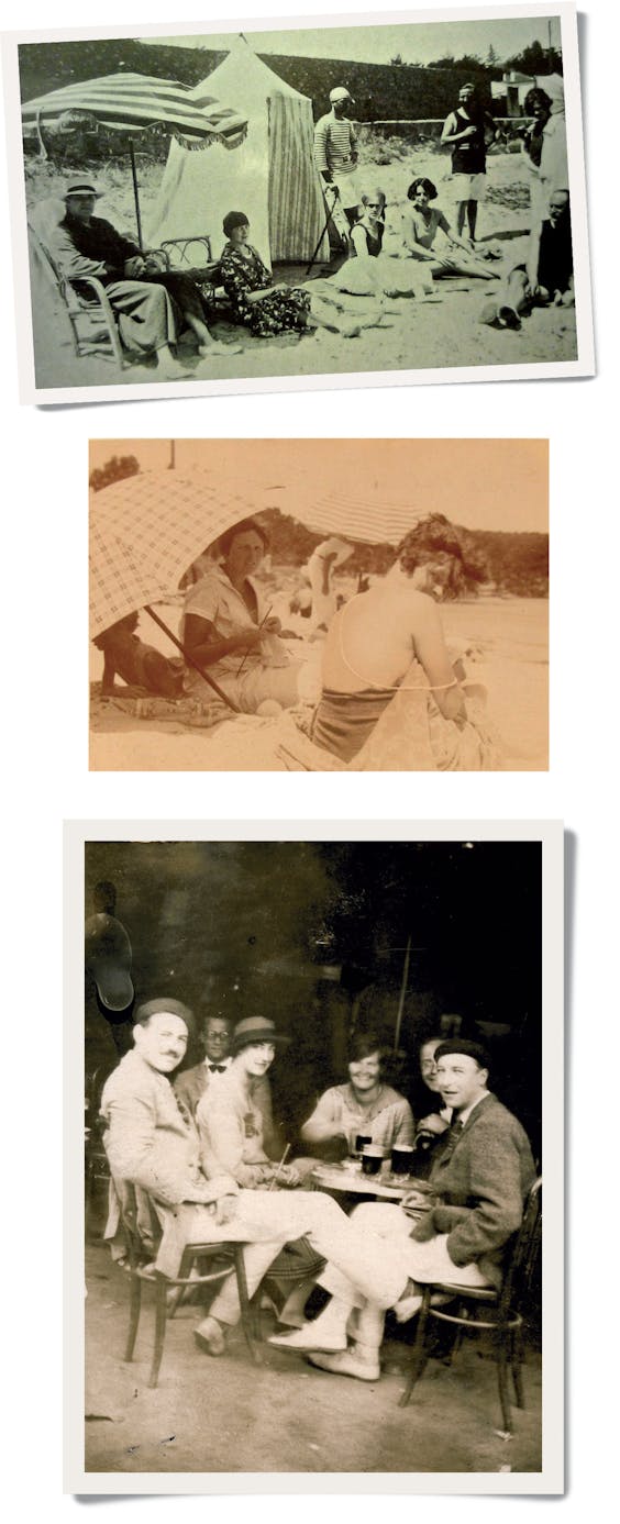 De Murphy’s, Gerald in zijn gestreepte tenue (foto boven) en Sara met parelketting (midden), houden salon op het strand met parasol en verkleedtent, te midden van vrienden en kennissen. Ernest Hemingways (links) ‘verplaatsbare feest’ trok in de zomer van Parijs naar het zuiden (onder).
