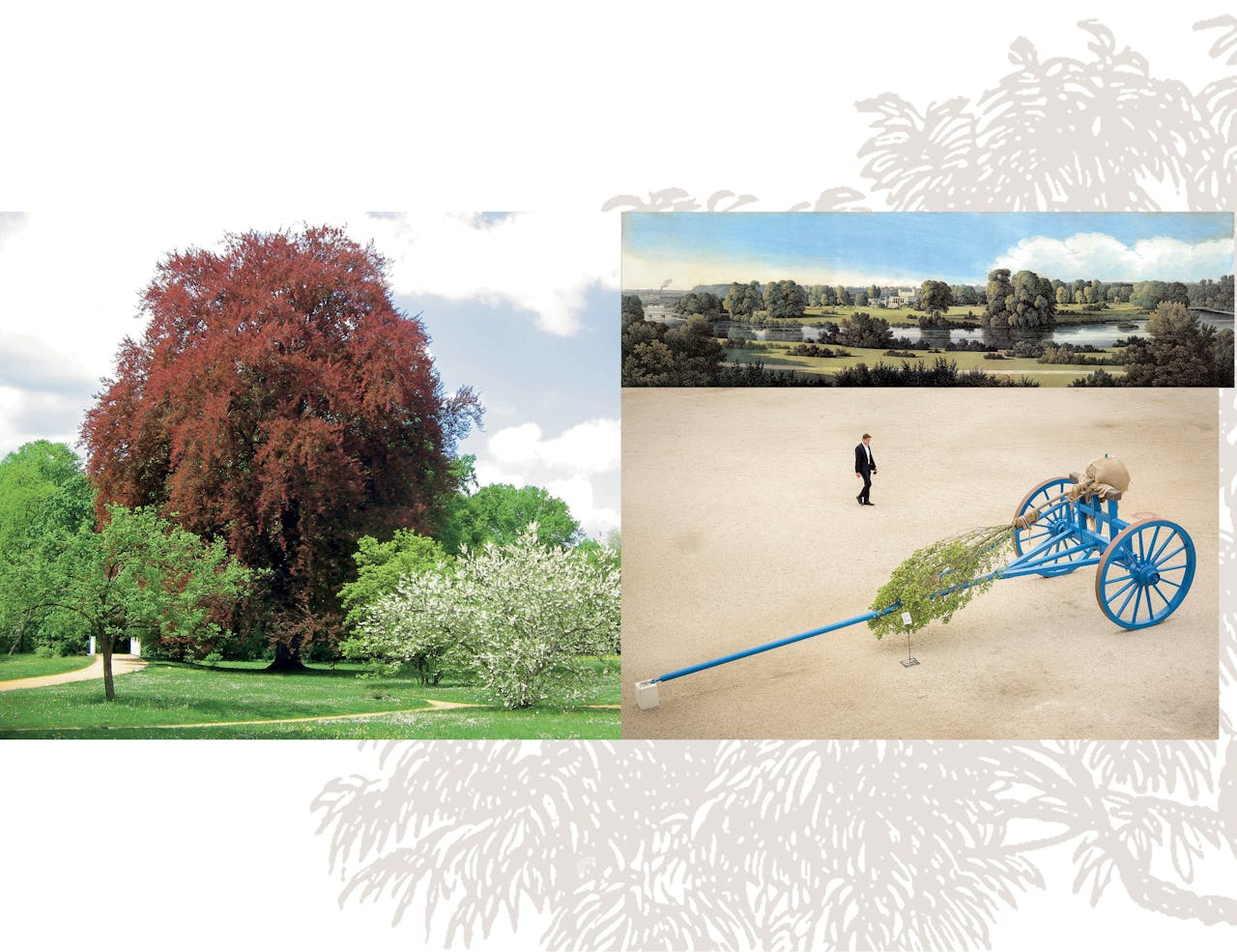 De bomenverplaatsmachine, nu bij de Bundeskunsthalle in Bonn. Daarboven: landschapspark Muskau, een afbeelding uit 1834. Links: landschapspark Branitz.