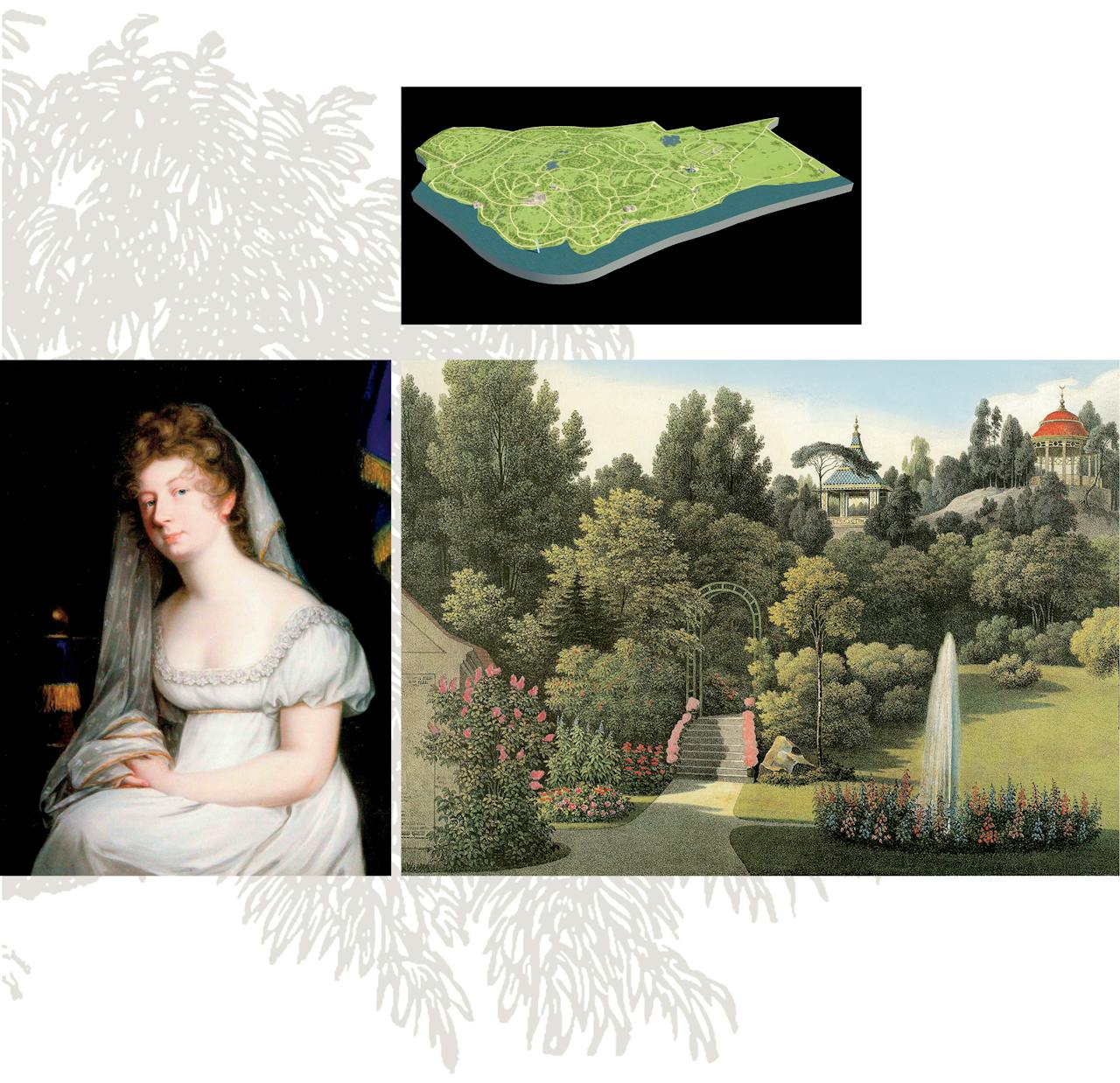 Pücklers vrouw, gravin Lucie von Pappenheim, in 1800. Rechts: een ontwerp van Pückler voor de tuin van zijn landgoed Muskau. Boven: zo moet park Babelsberg er rond 1880 hebben uitgezien.