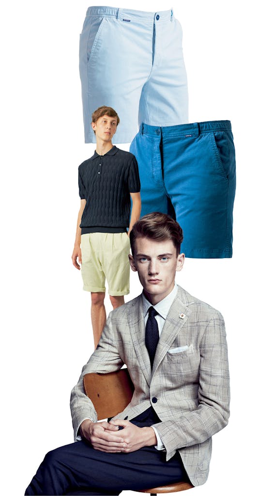 Van boven naar beneden: shorts van Mr Marvis, fijngebreide polo van Monsieur Lacenaire en een jasje van Lardini.