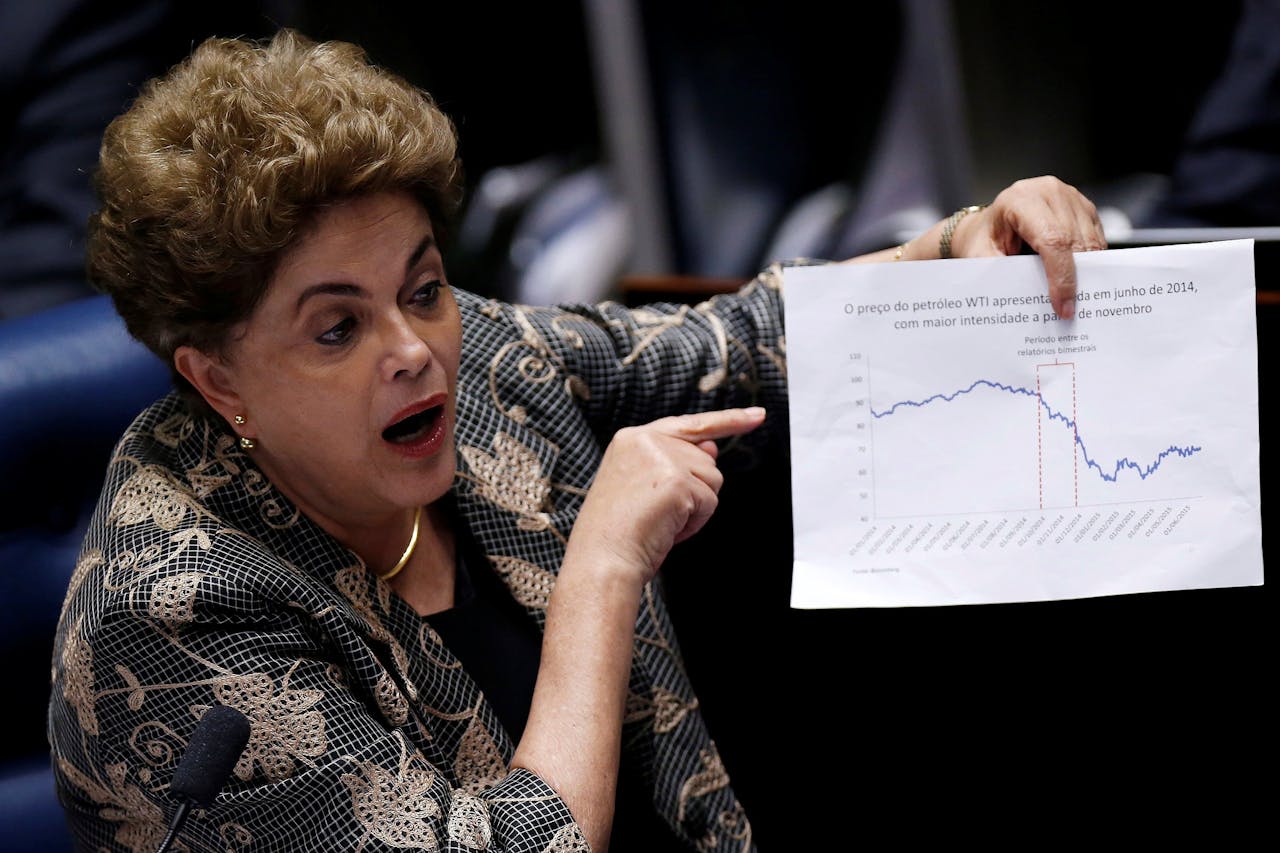 De op non-actief gestelde Braziliaanse president Dilma Rousseff noemt in de senaat haar dreigende afzetting een 'parlementaire coup'. foto: Reuters