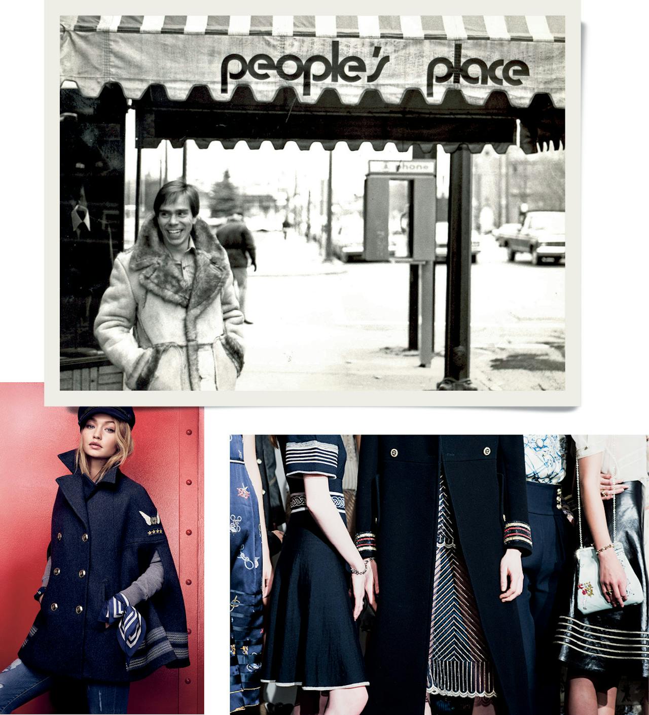 Hilfiger onder de luifel van zijn eerste winkel, People’s Place; rechtsonder: marineblauwe jas uit de najaarscollectie; linksonder: model Gigi Hadid.