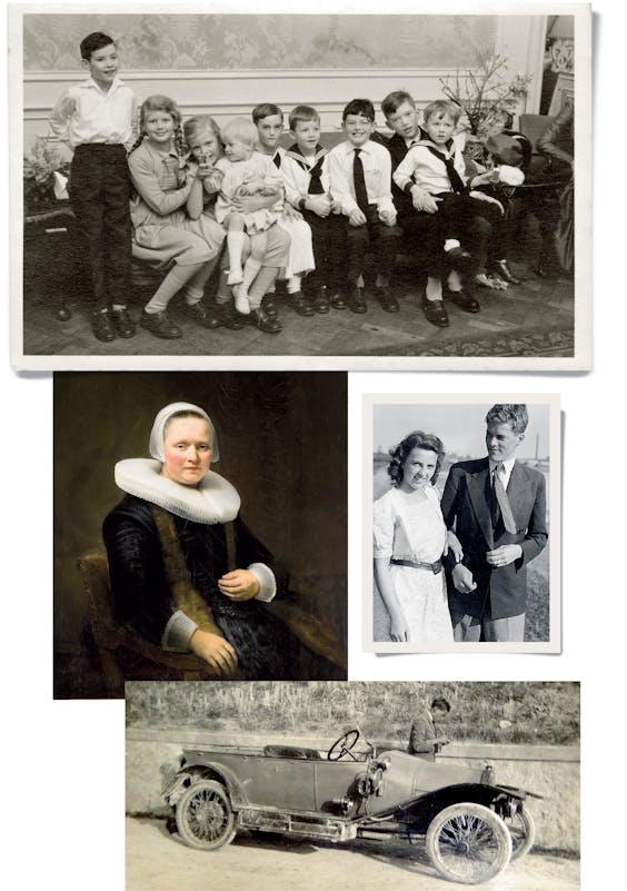 Boven: de kleinkinderen Six op 15 januari 1958; midden links: Rembrandt schilderde in 1641 Anna Wijmer, de moeder van Jan Six I; midden rechts: de ouders van Jacob Six tijdens hun ‘engagement’; onder: oom Piet Six hield van snelle auto’s. Tijdens de oorlog leidde hij een verzetsgroep.