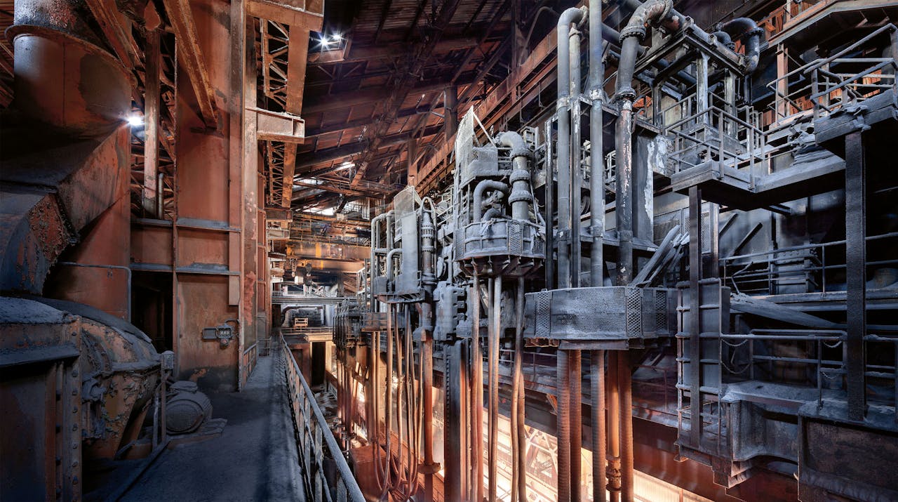 ‘Staalgigant’, 2011-12. Verlaten staalfabriek in Frankrijk. Het oktoberlicht laat het staal van de hoogoven voor een laatste maal gloeien. Jan Stel vroeg geen toestemming om er te fotograferen. Dan zou hij nooit zo hoog hebben mogen klimmen.