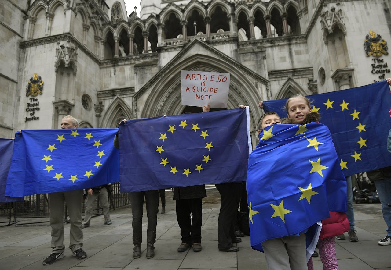 Demonstranten voor het hooggerechtshof in Londen willen de Britse regering afhouden van het inroepen van artikel 50. foto: Reuters