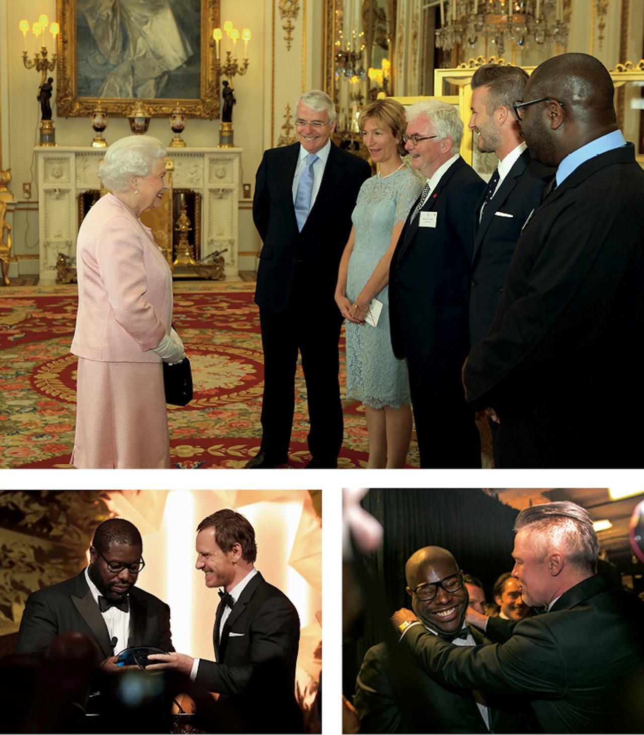 Backstage tijdens de Academy Awards met Brad Pitt in 2014; boven: McQueen te gast op Buckingham Palace ter gelegenheid van het Queen’s Young Leaders programme in juni 2015; links: Steve McQueen ontvangt de BFI Fellowship Award uit handen van Michael Fassbender op het 60ste BFI London Film Festival op 15 oktober.