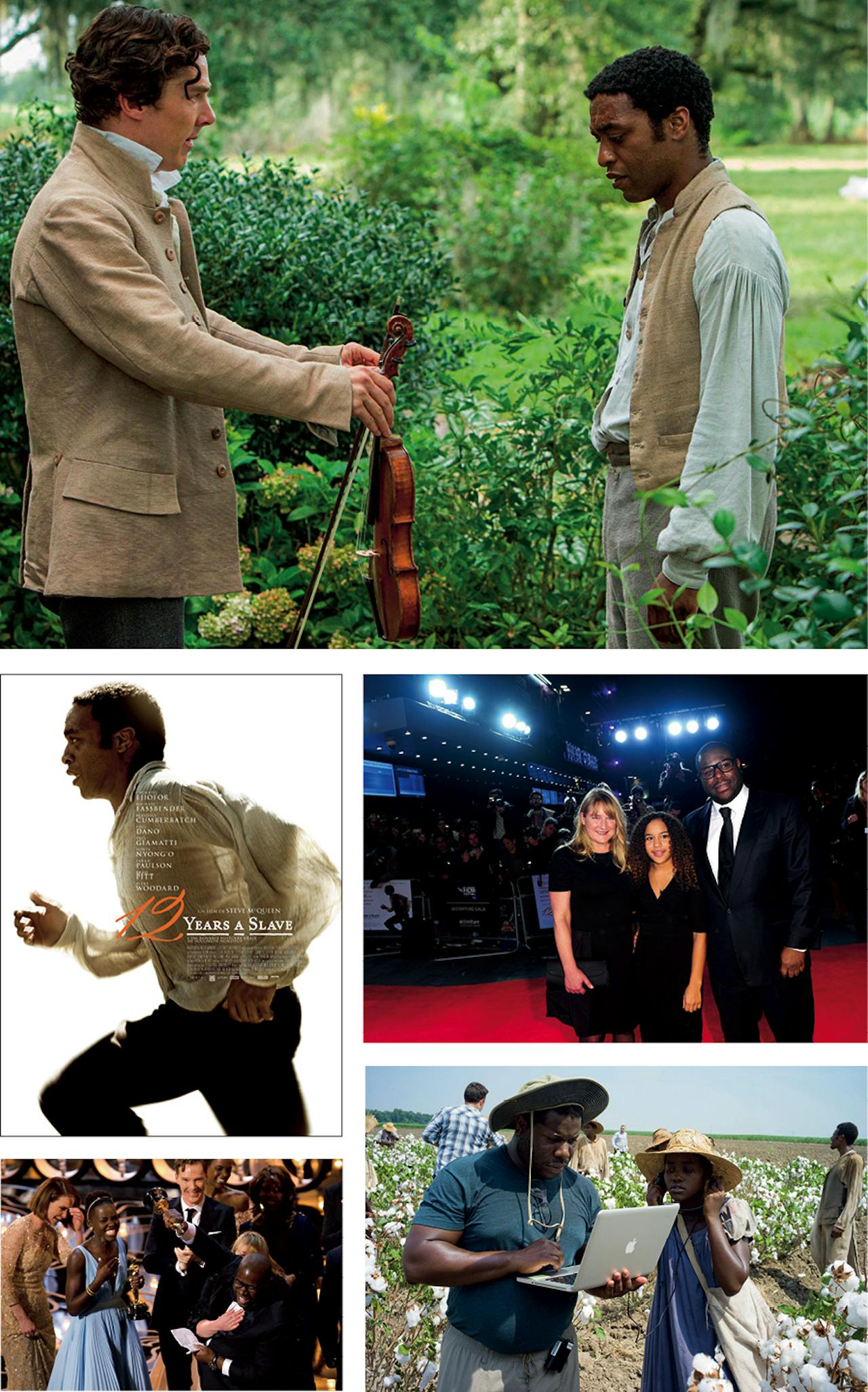 Scene uit ‘12 Years a Slave’ met Benedict Cumberbatch en Chiwetel Ejiofor; onder: op de premiere met zijn vrouw, Bianca Stigter, en dochter Alex; daaronder: op de set met actrice Lupita Nyong’o; links: euforie heerst bij het winnen van de Oscar voor Beste Film.