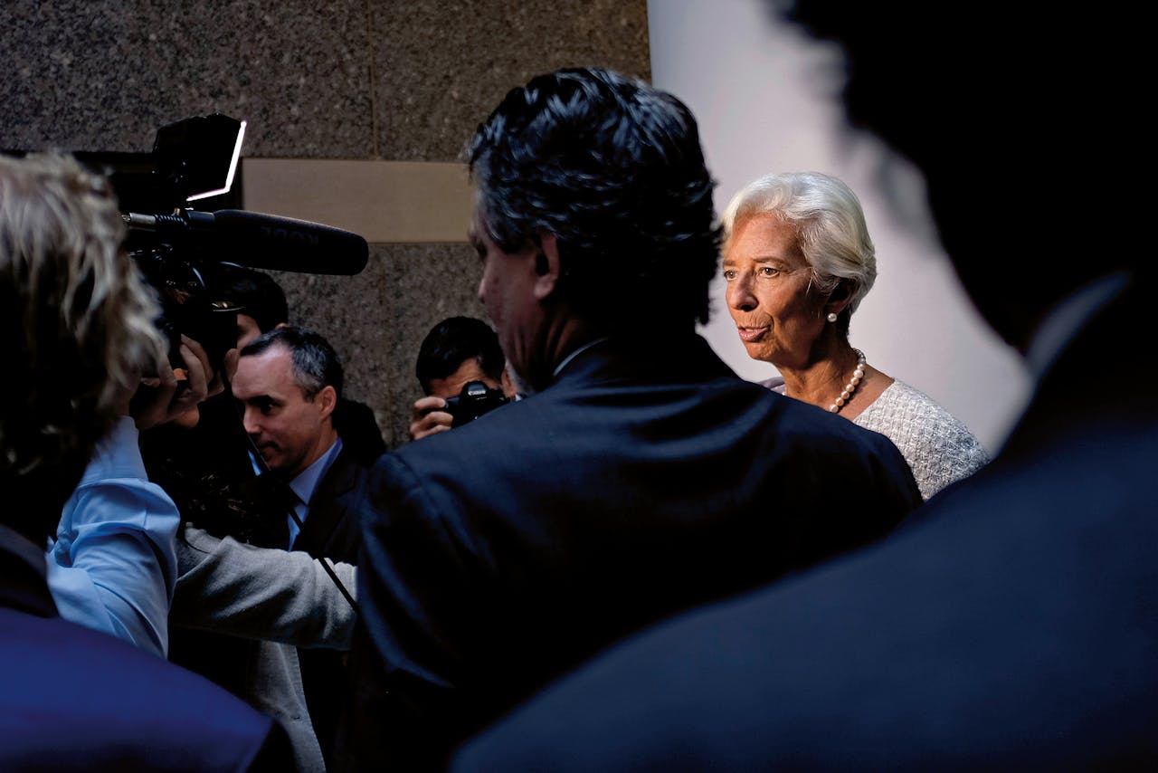 Christine Lagarde spreekt met journalisten op de jaarlijkse bijeenkomst van het IMF in Washington, op 8 oktober dit jaar. (Foto: Reuters)