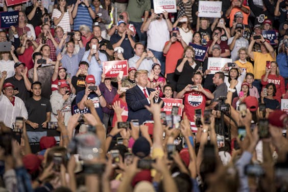 De Amerikaanse president Donald Trump tijdens een van zijn rally's.