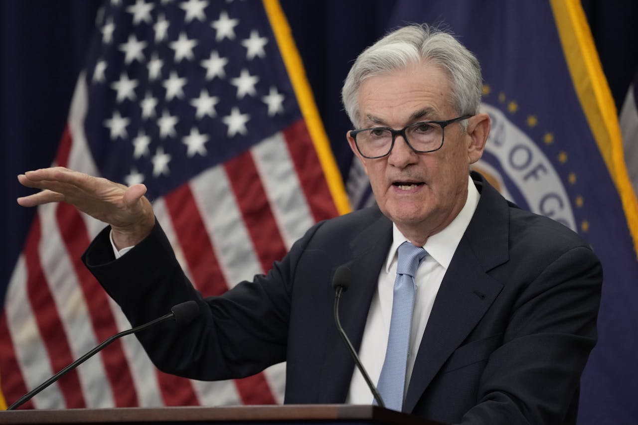 Fed-voorzitter Jerome Powell licht het rentebesluit toe tijdens een persconferentie in Washington, woensdag.
