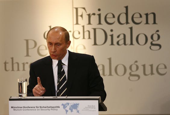 De Russische president Vladimir Poetin tijdens de veiligheidsconferentie in München in 2007.