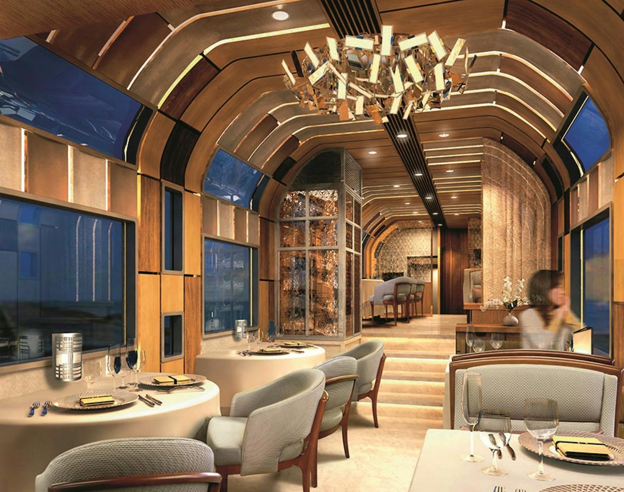 De eetkamer in de Shiki-shima. De nieuwe slaaptrein heeft een eigen perron op station Ueno in Tokio, begin- en eindpunt van de reis.