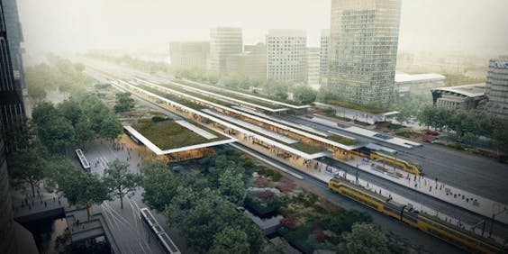 Impressie van het Zuidasdok met het nieuwe station.