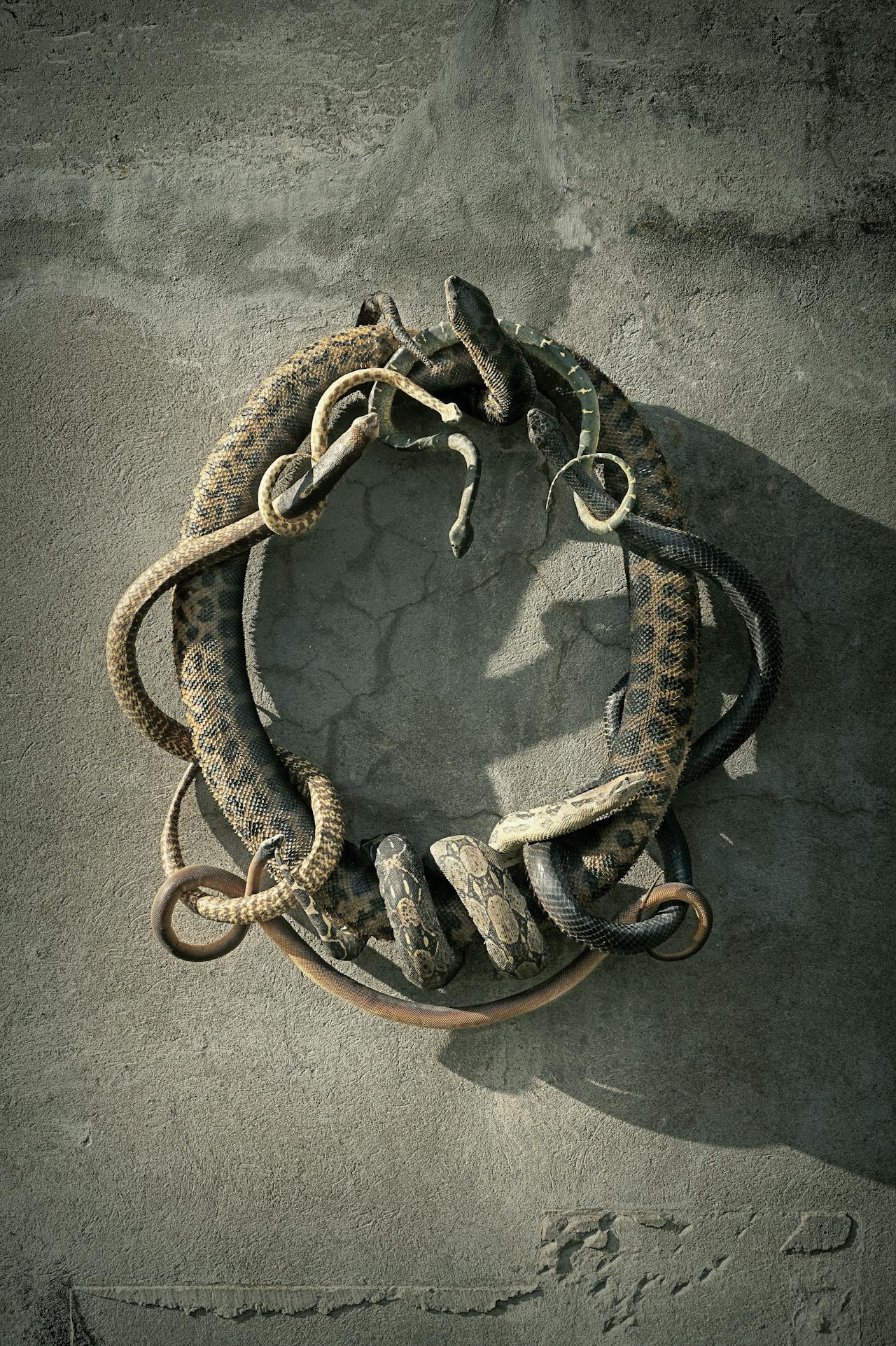 ‘Snake Heraldry’, 2015, voor de expositie geleend van Damien Hirst, is een compositie van de zeven dodelijkste slangen ter wereld.