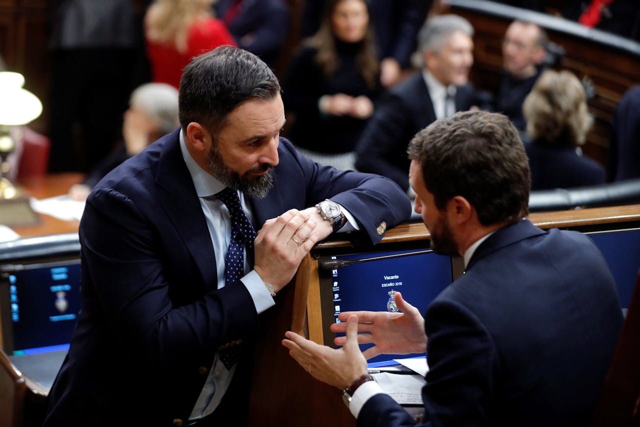 Overleg tussen Santiago Abascal van de radicaal-rechtse Vox-partij (l) en PP-leider Pablo Casado.